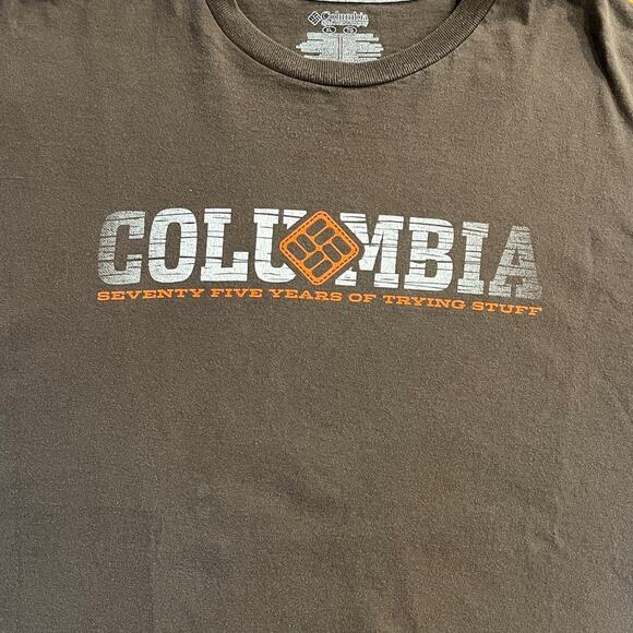 Columbia "Seventy Five Years of Trying Stuff Brown Orange Short Sleeve TShirt XL - Picture 1 of 9
